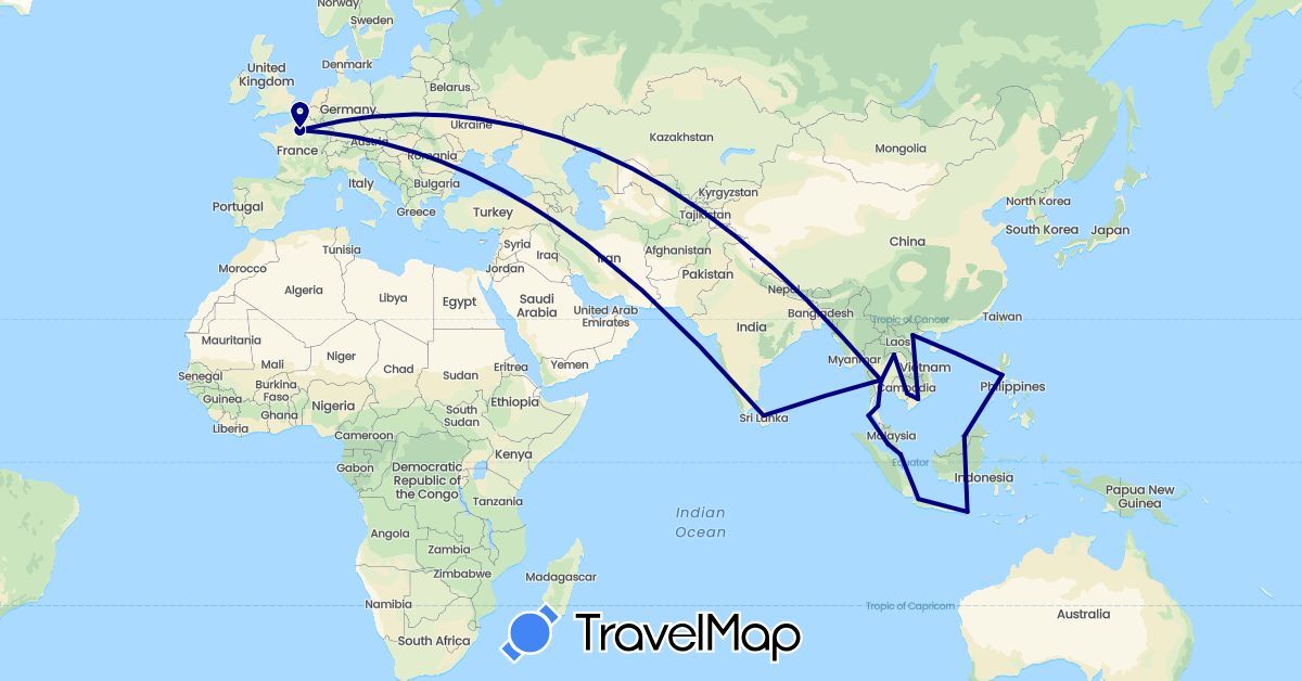 TravelMap itinerary: driving in Brunei, France, Indonesia, Cambodia, Laos, Sri Lanka, Malaysia, Philippines, Singapore, Thailand, Vietnam (Asia, Europe)